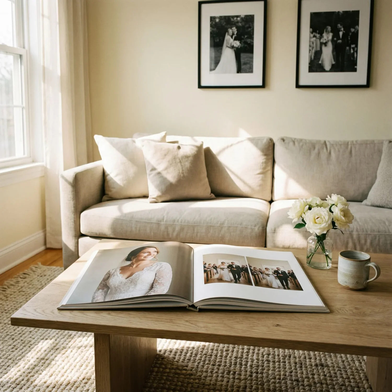 Wedding photo book open on oak coffee table