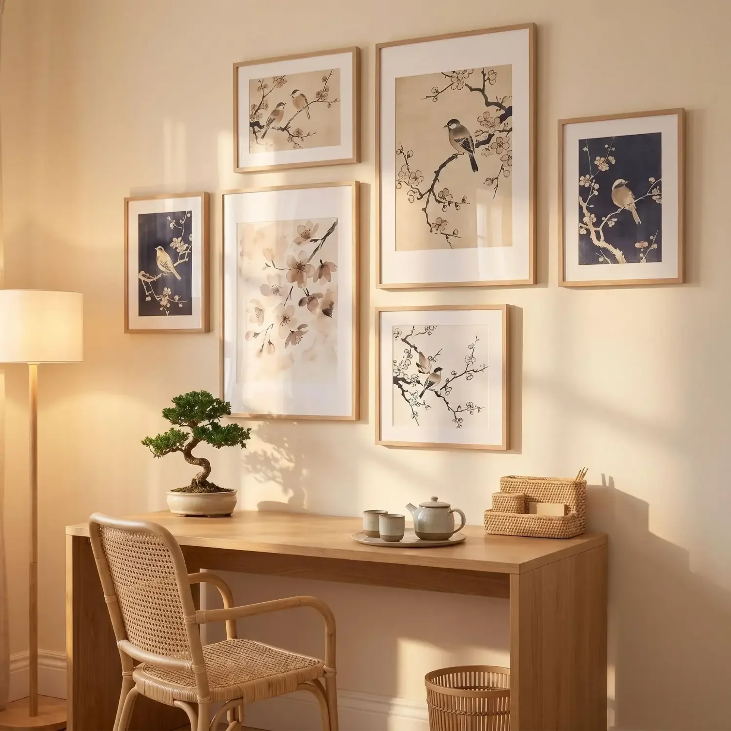 Japanese cherry blossom art prints in home office