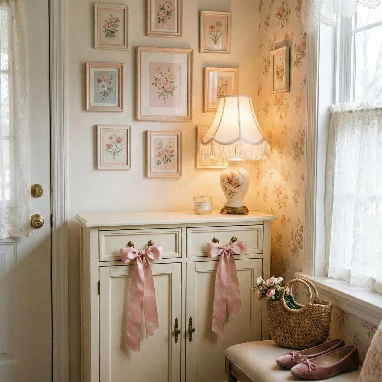 Romantic entry with floral art, soft lighting, and pink ribbon decor
