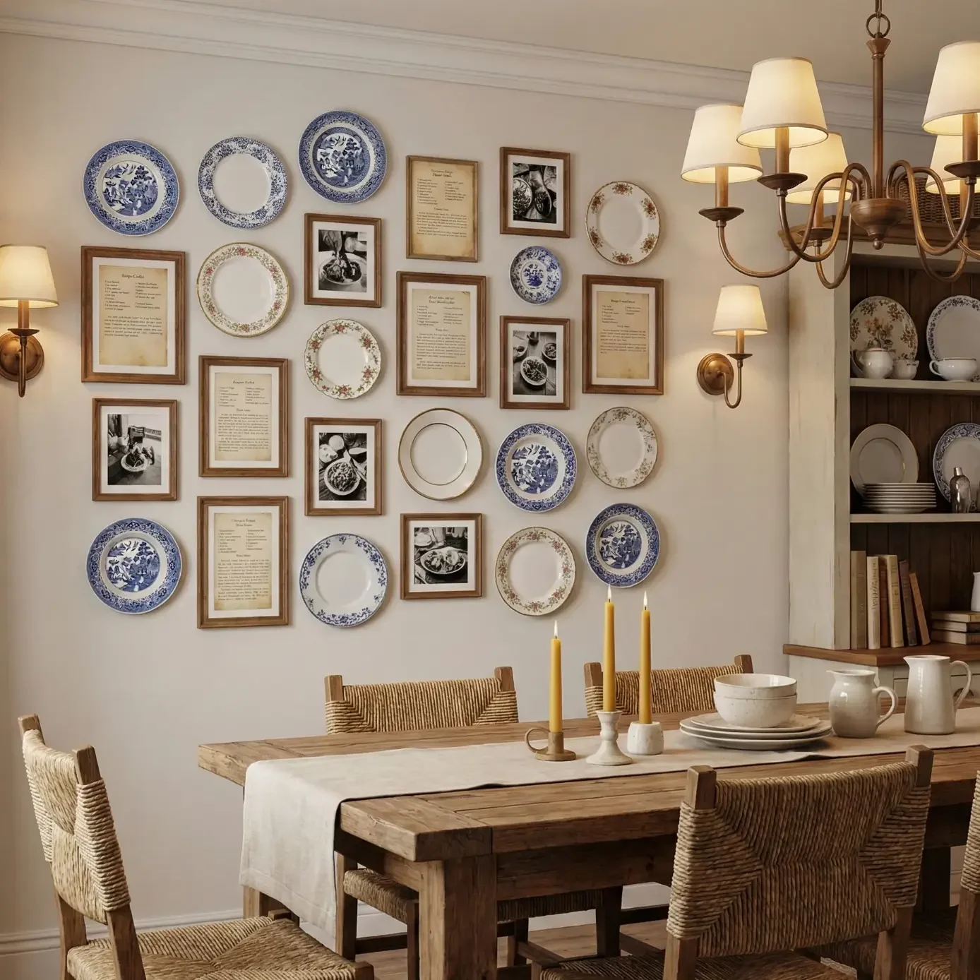 Rustic table under chandelier with plate gallery wall display.
