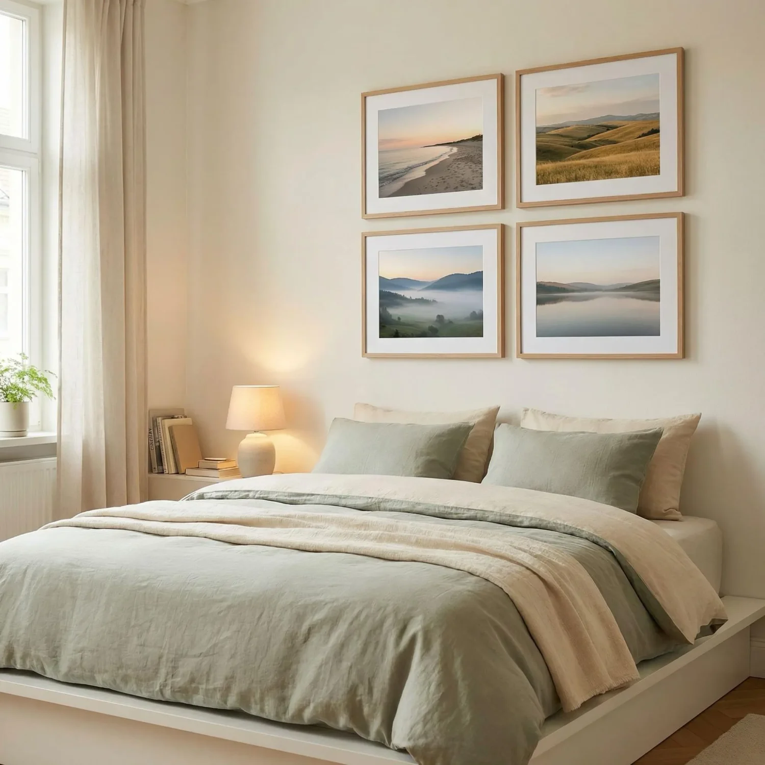 Minimal travel photo grid in calm bedroom