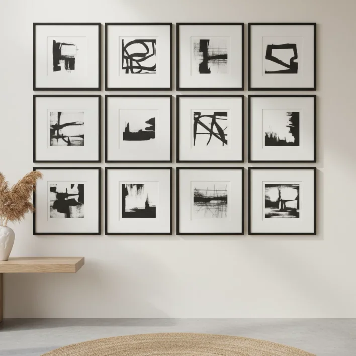 3×4 grid of black-and-white abstracts on a white wall