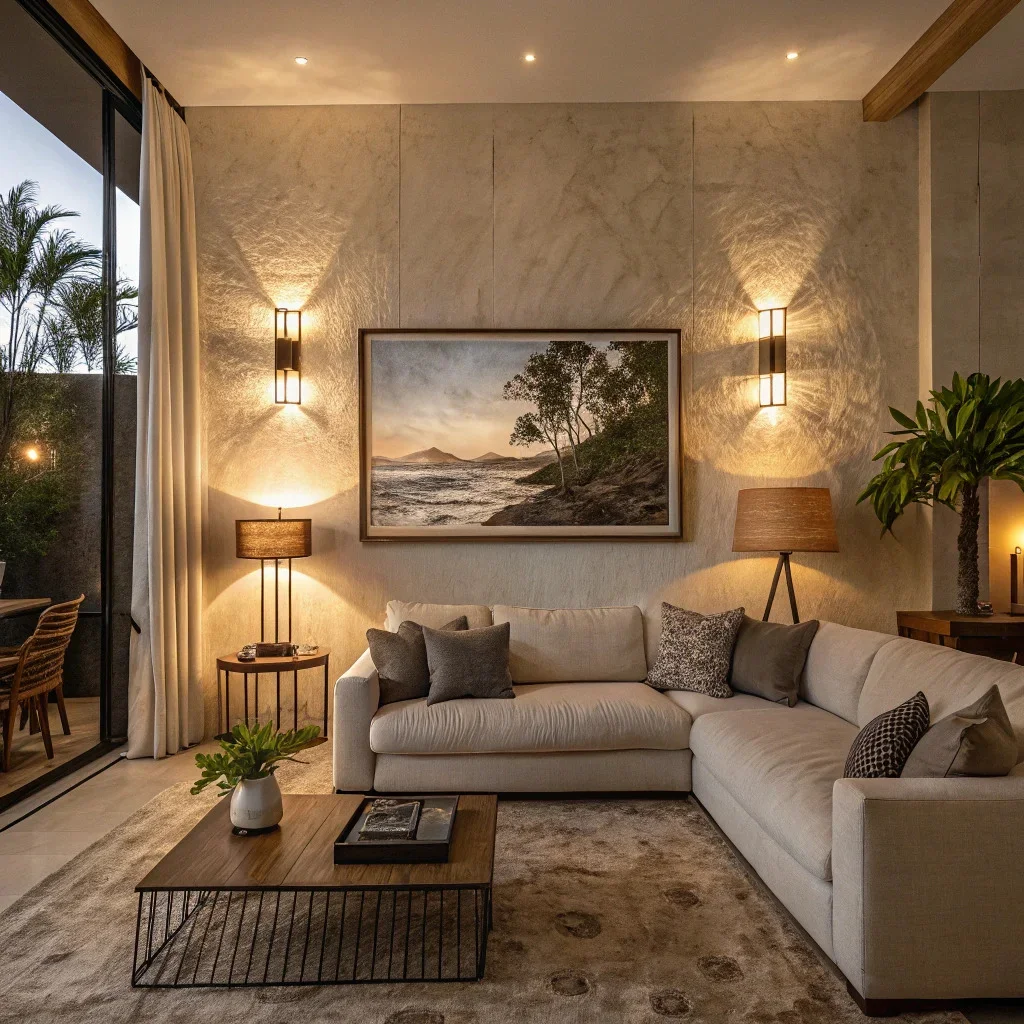 Oversized framed art above a sofa with soft ambient lighting.