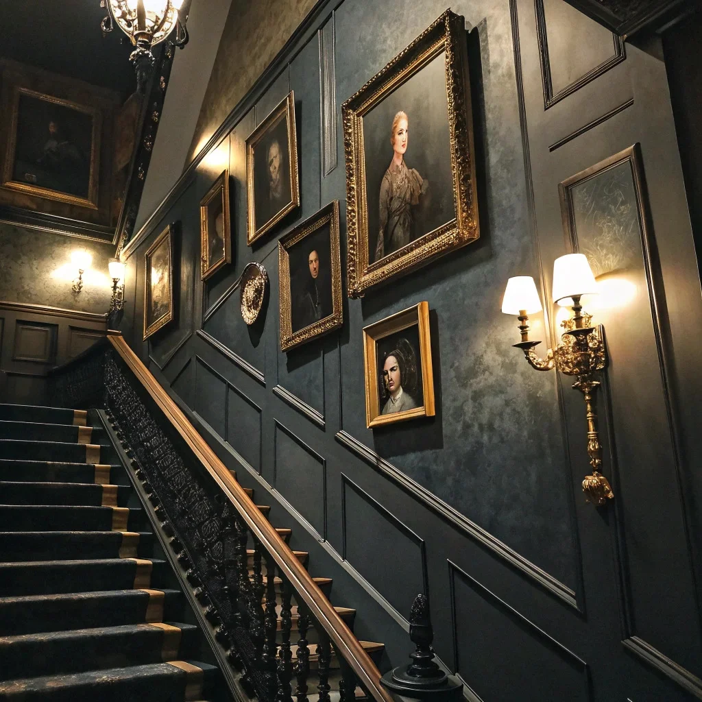 A moody staircase wall with dark paint, ornate frames, heritage portraits, and warm sconces adding shadow and depth.