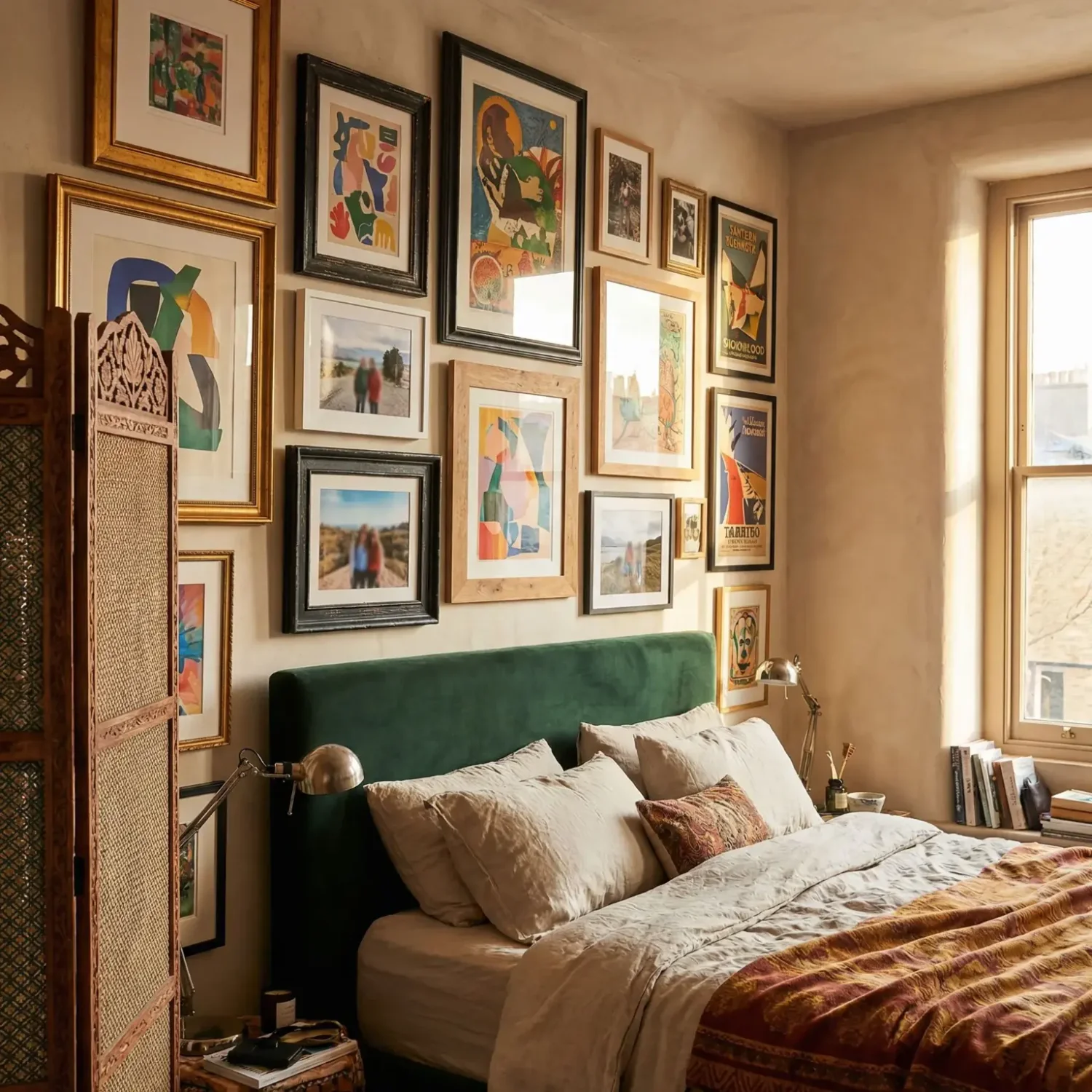 Eclectic gallery wall above bed with mixed frames