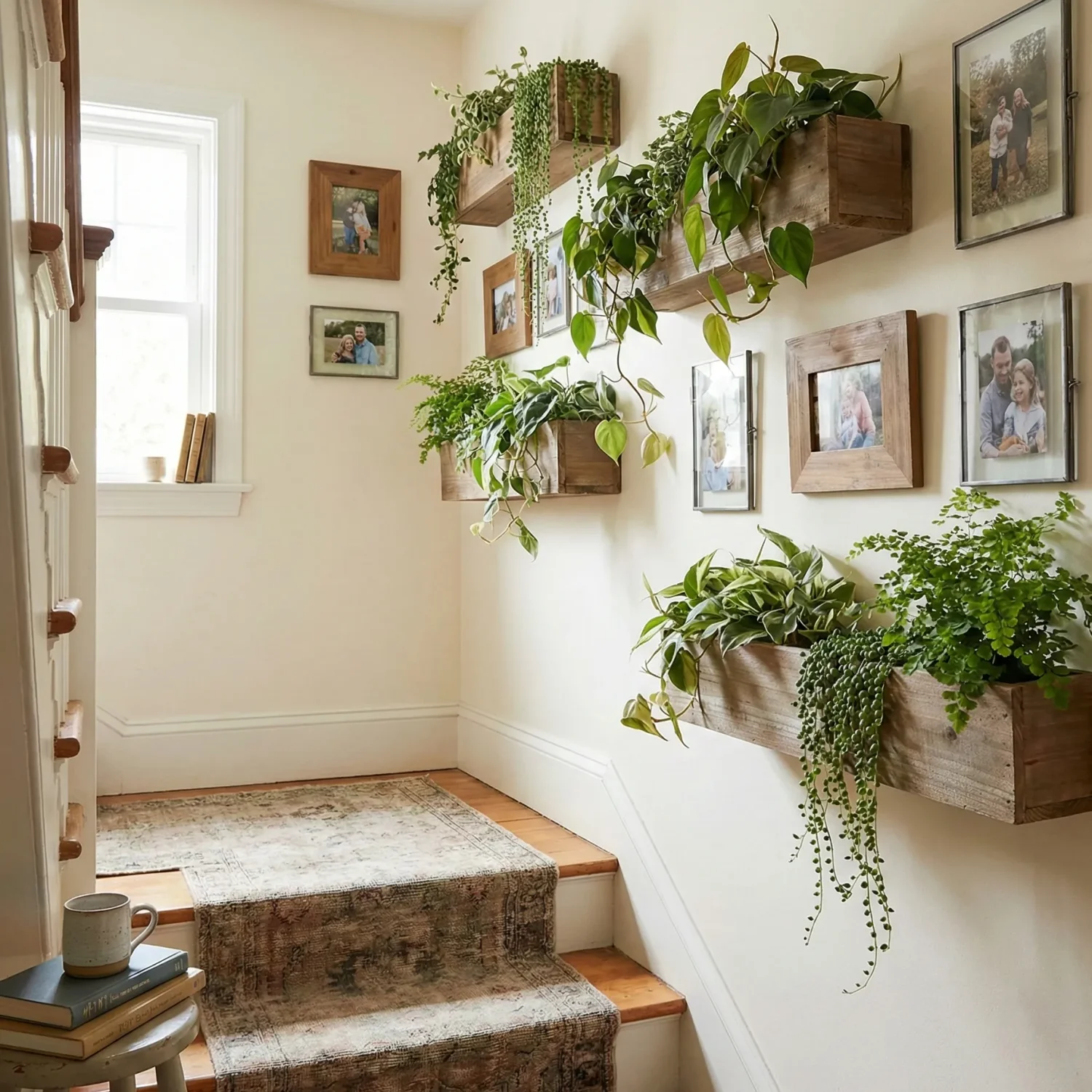 Stair landing with wall planters, trailing greenery, and photos.