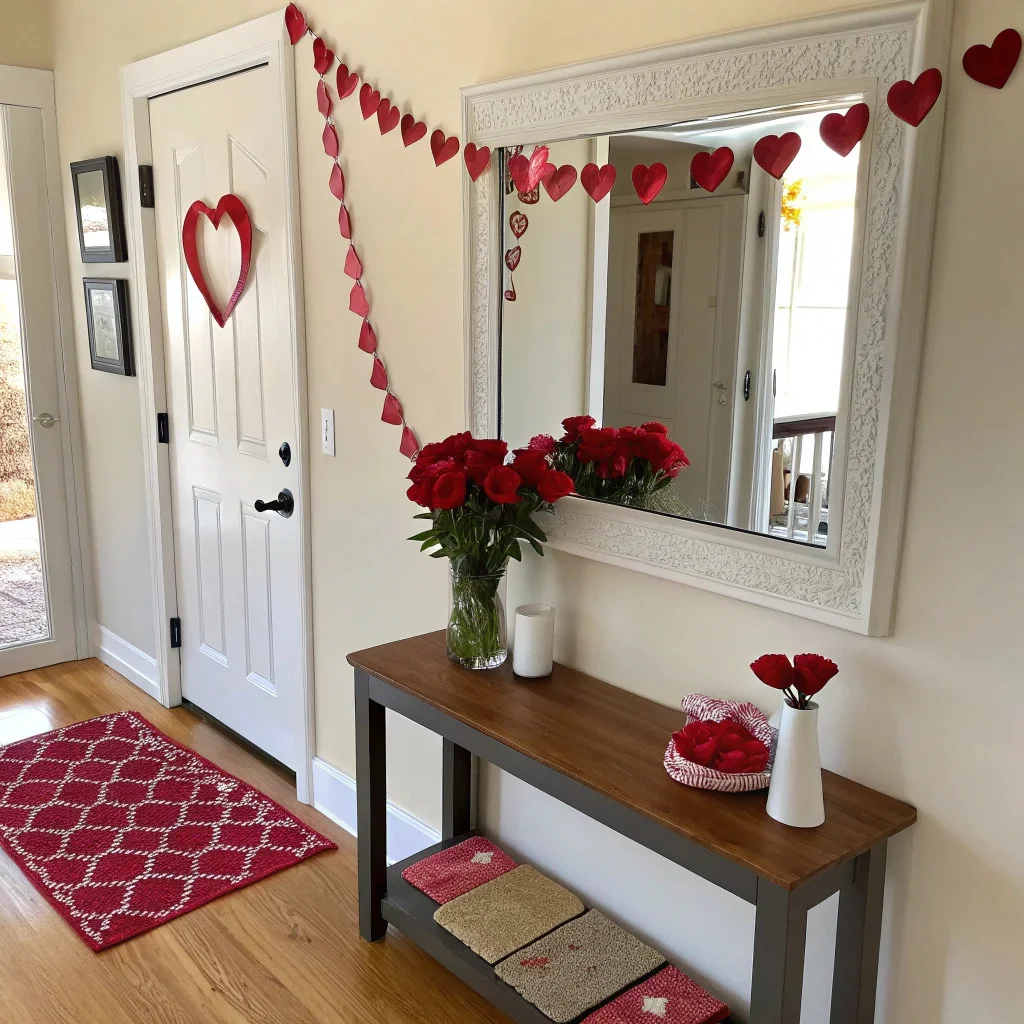 Valentine’s entryway with a heart garland wrapped around a mirror, a bud vase with roses, and a photo tile leaning on a console, finished with a berry-colored accent.
