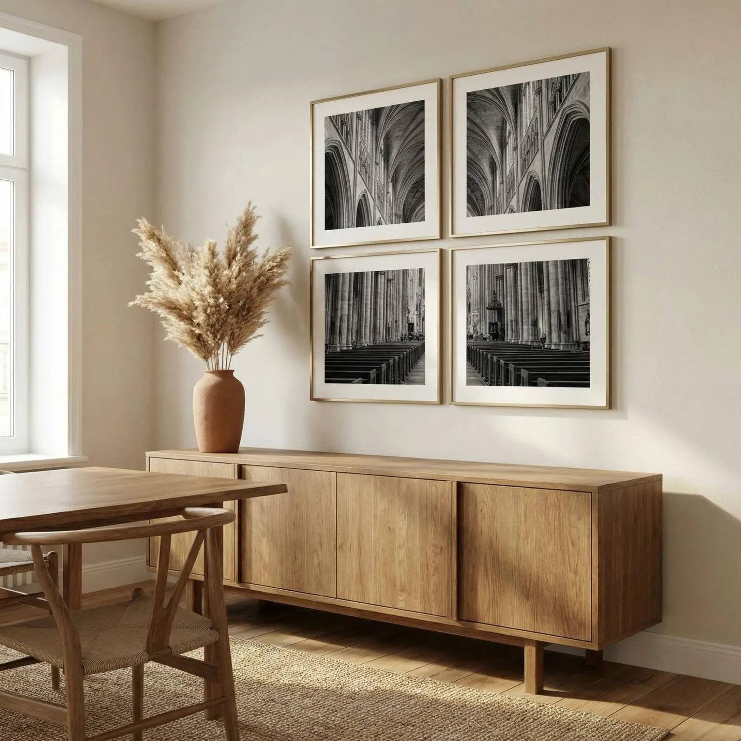 4-panel grid framed art in warm dining room