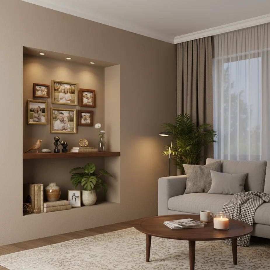 Cozy living room with large niche of framed family photos