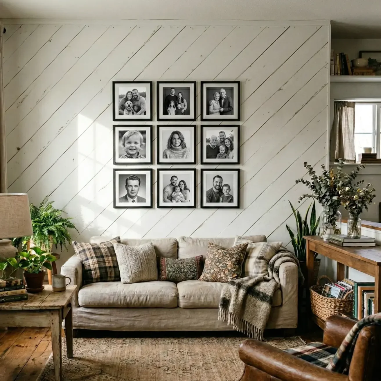 Cozy living room with photo grid on white shiplap accent wall