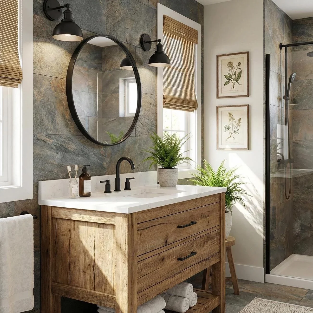 Rustic modern bathroom with stone walls and black fixtures