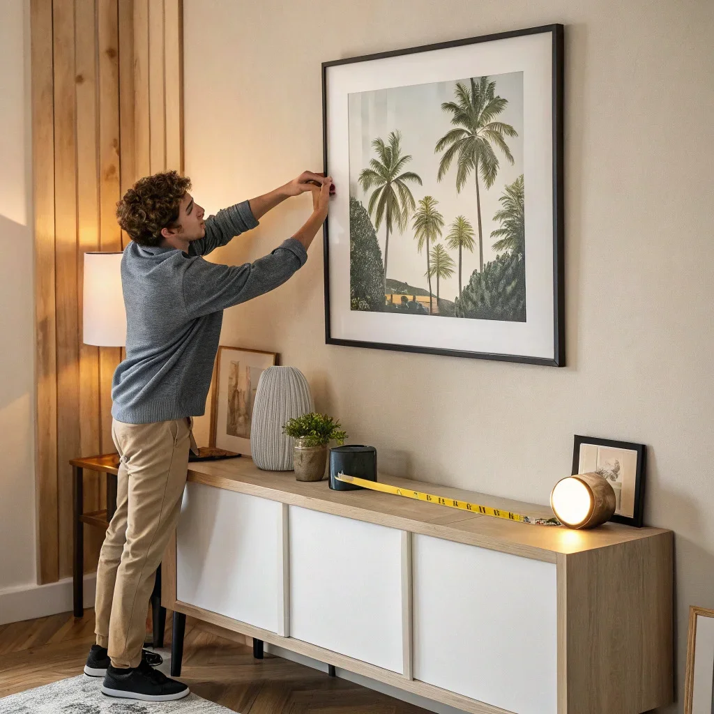 Designer adjusting frame height above console table.