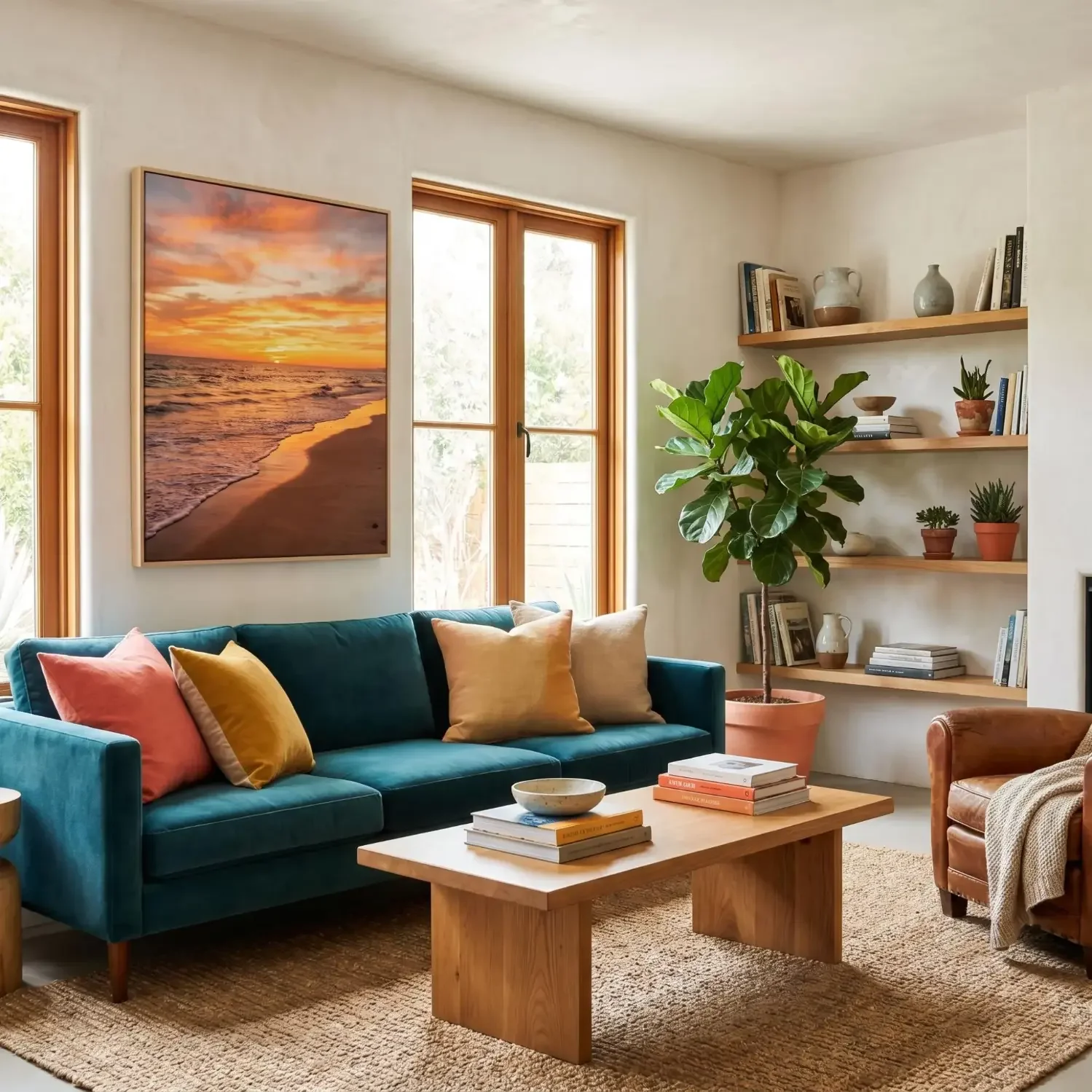 Beach sunset canvas art above living room sofa