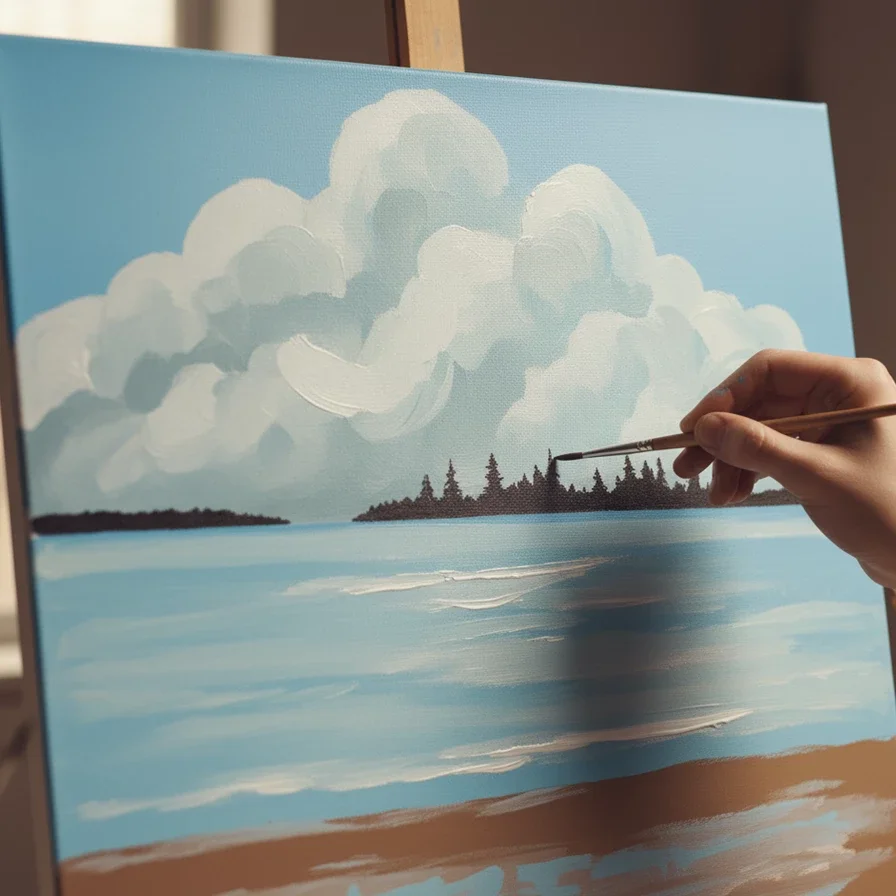 adding tree silhouettes to seascape under billowy clouds