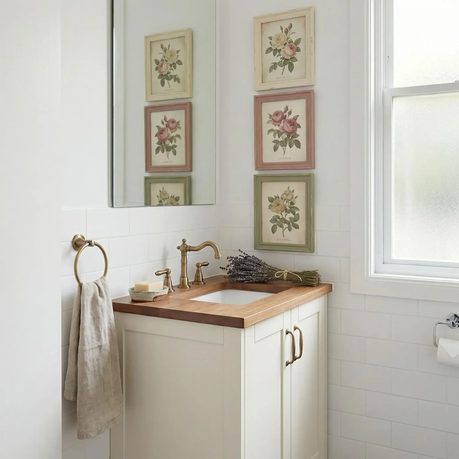 Vintage floral prints in a cottage-style bathroom