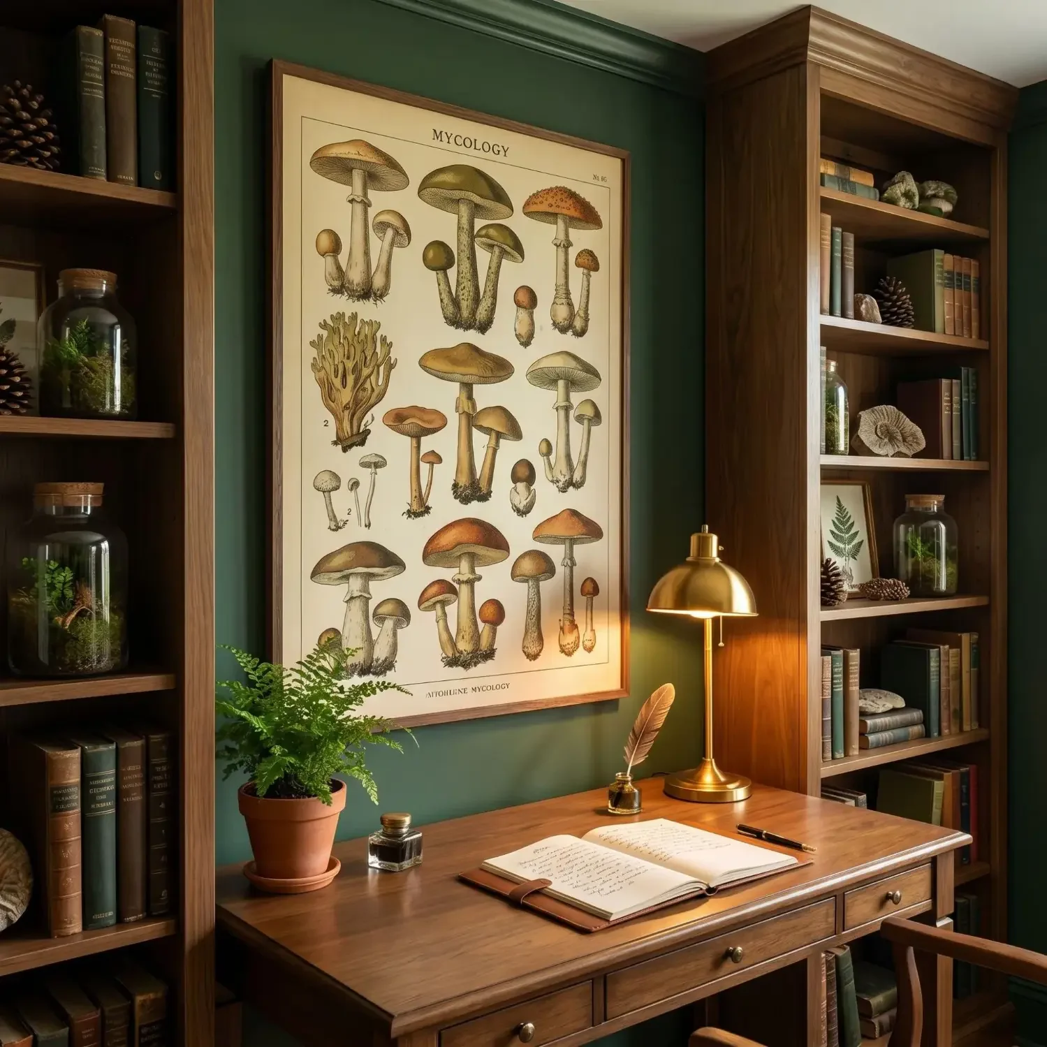 Oversized mycology chart above home office desk