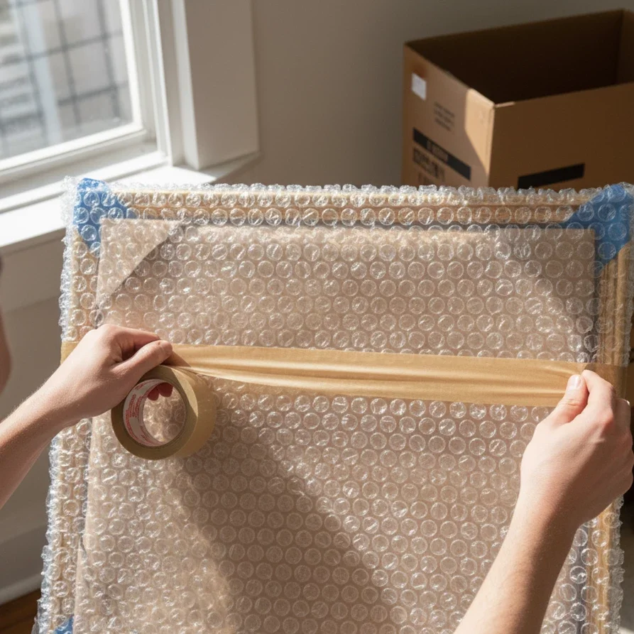 wrapping framed art in bubble wrap and sealing with tape