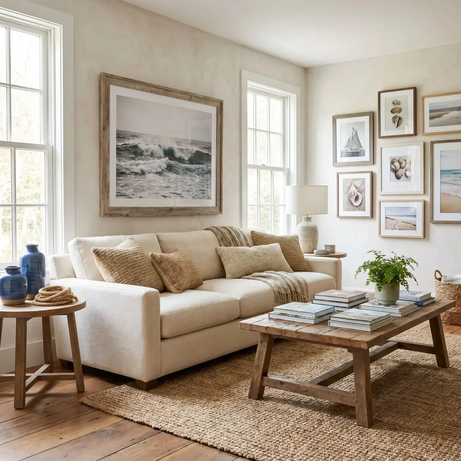 Seascape framed art above sofa in living room