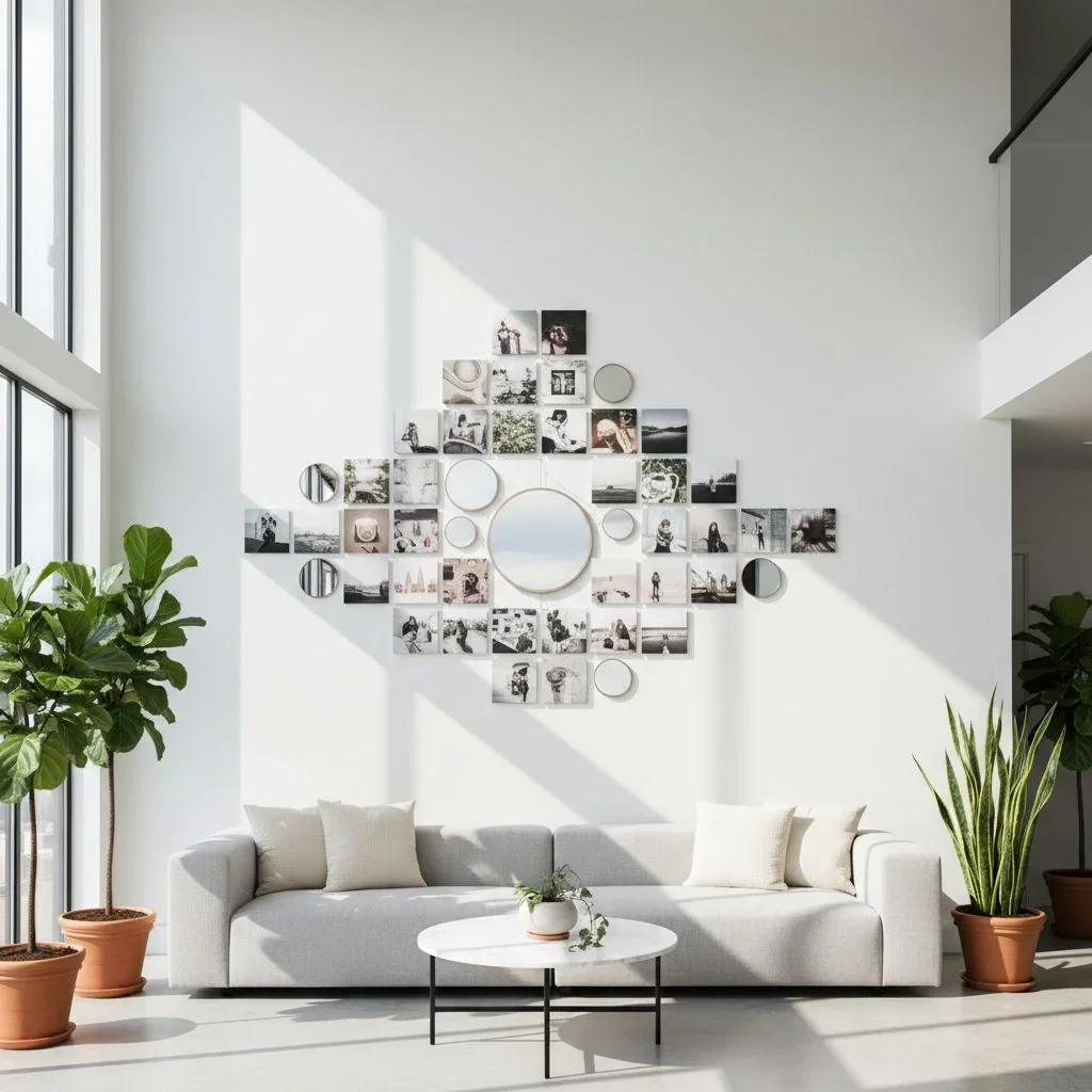 Tall wall with photo tiles and mirrors