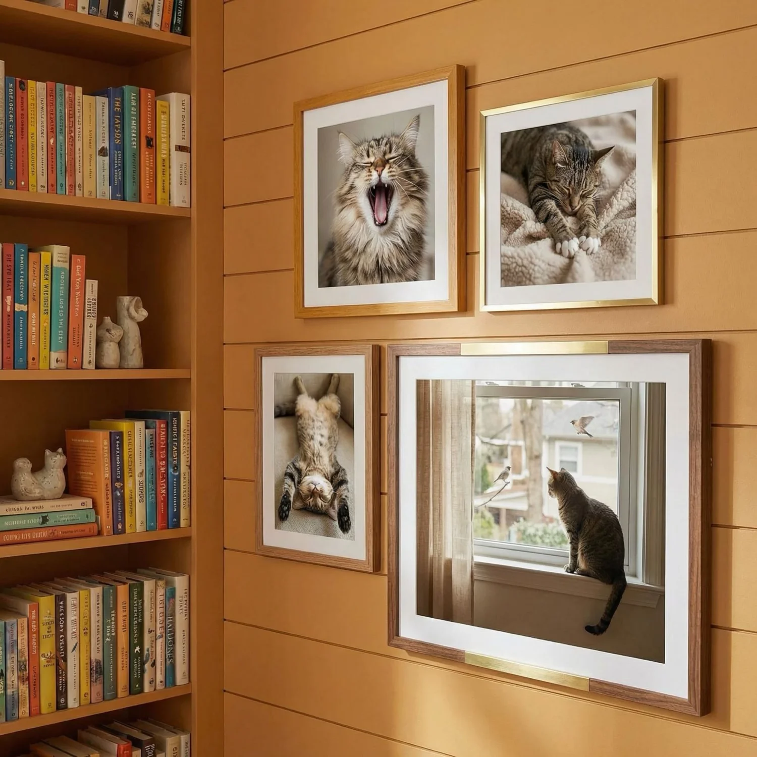 Framed cat photos gallery wall in cozy living room