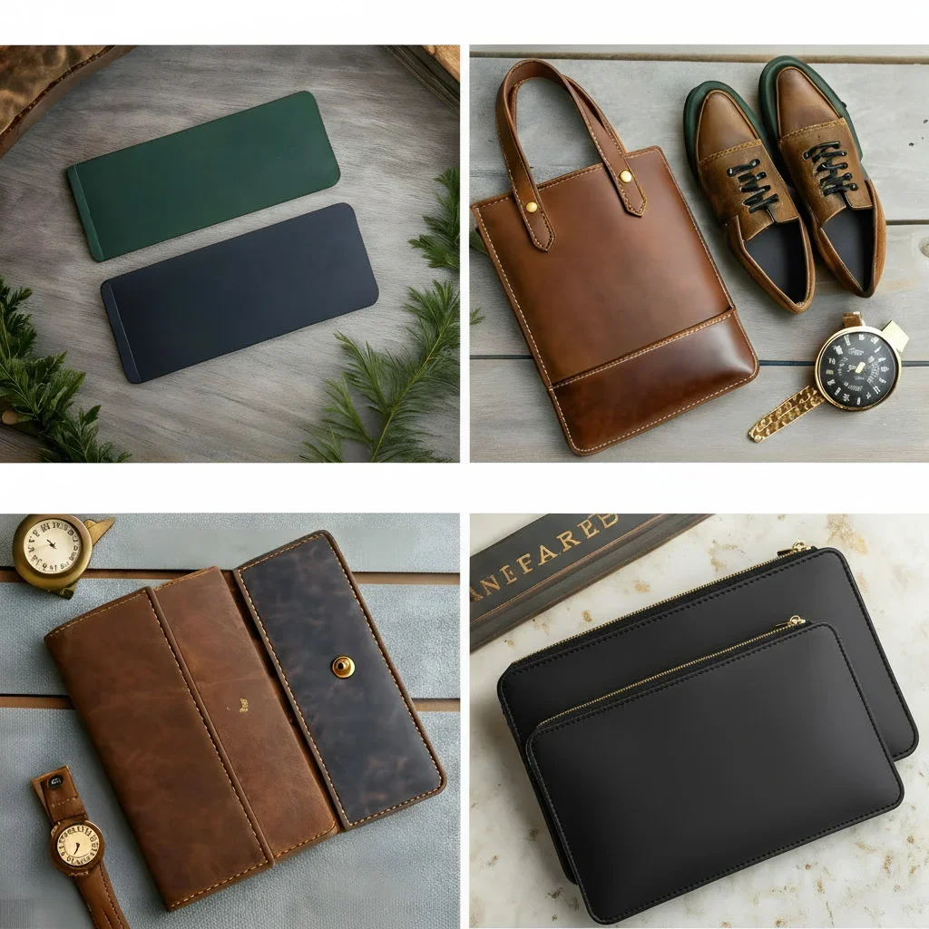 Four mood boards showing charcoal-and-walnut, navy-and-cognac, forest green-and-oak, and black-white-slate palette combinations.