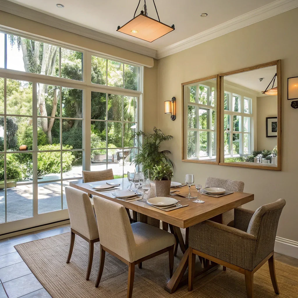 Dining room wall of mirrors reflecting a large window and greenery.