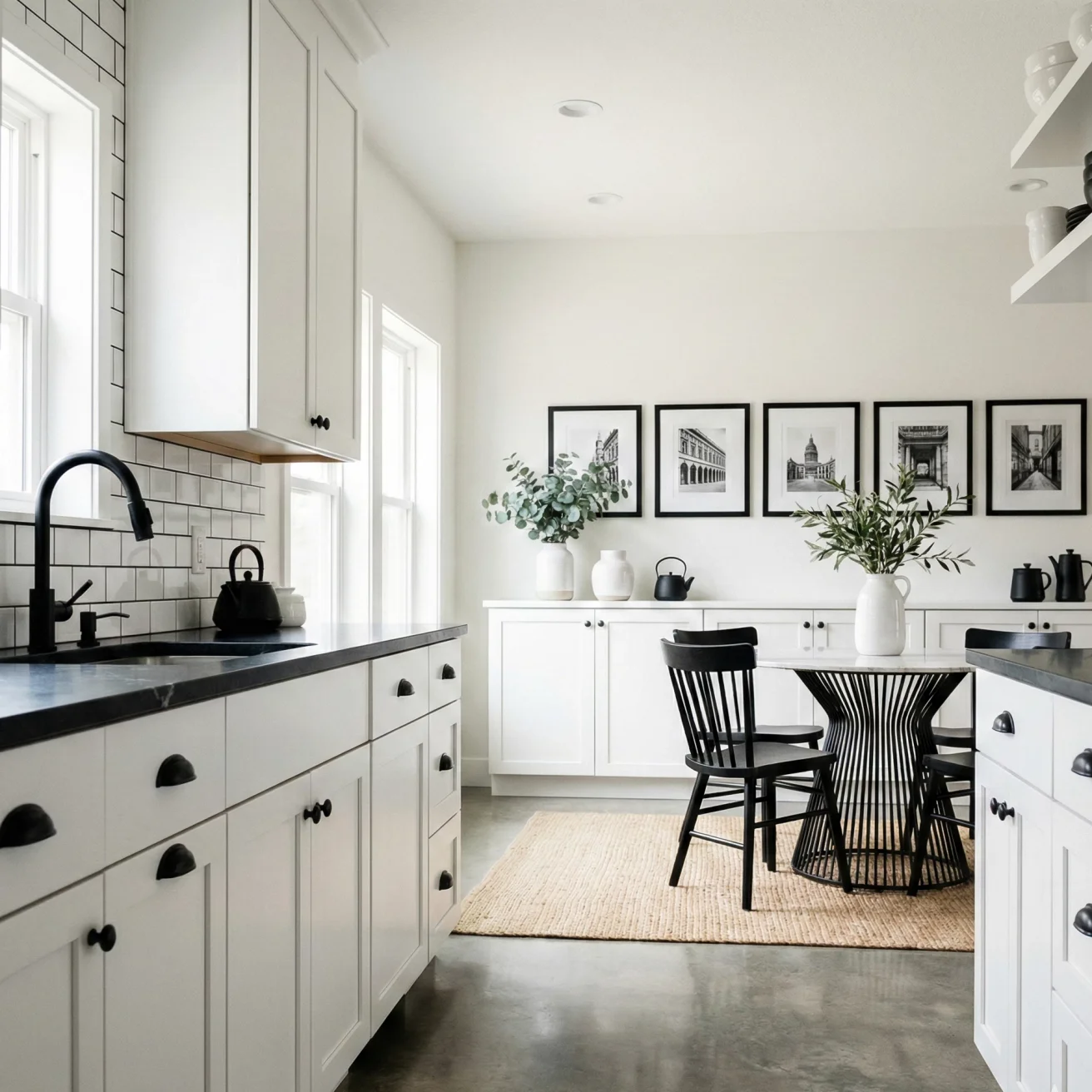 Bright white kitchen with black accents and framed city prints