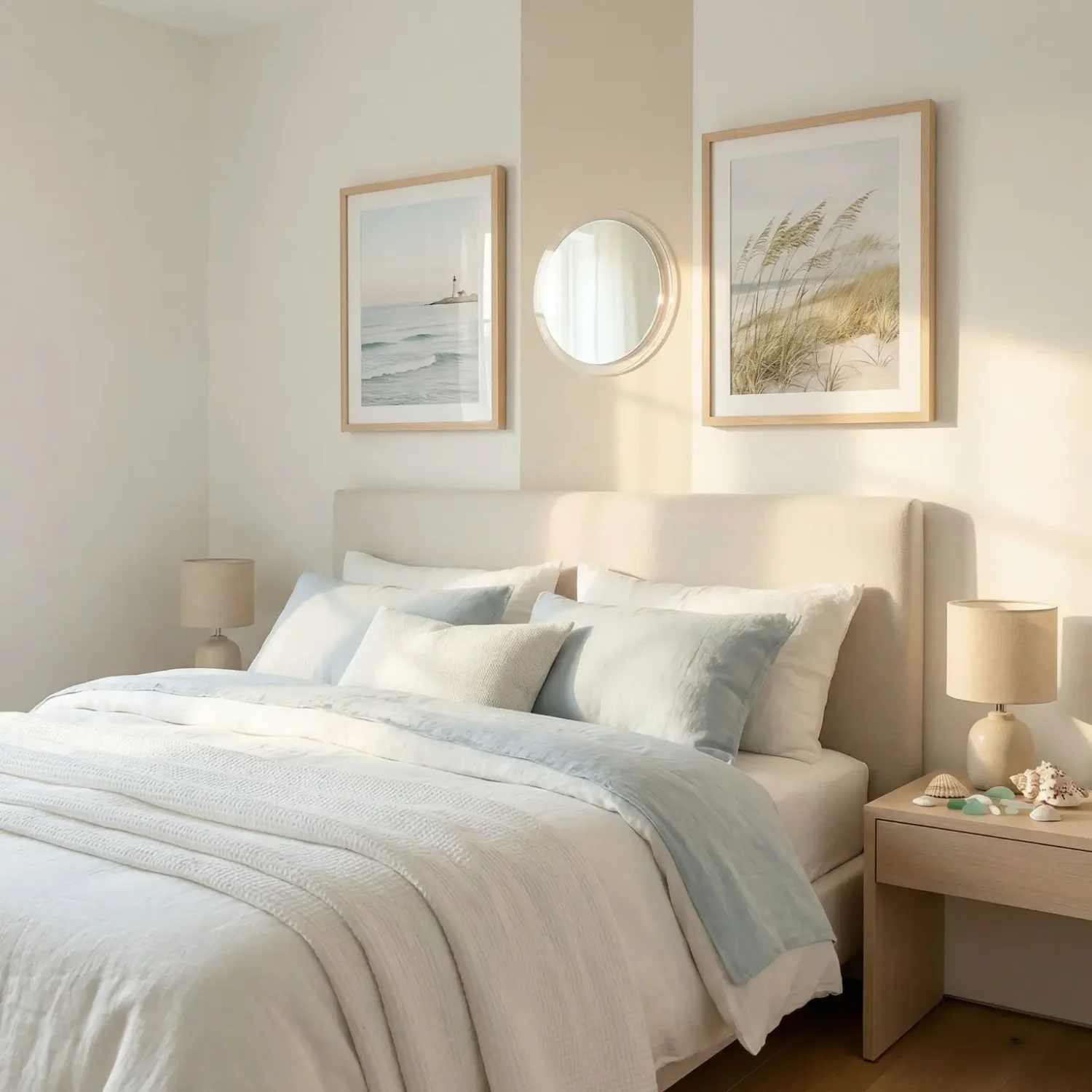 Coastal bedroom framed seascape art above headboard