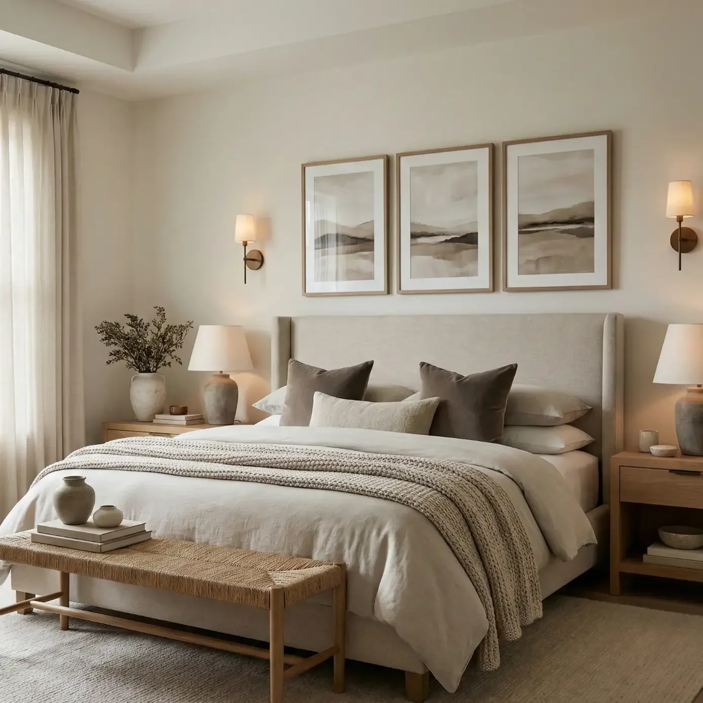 Neutral bedroom with framed landscape trio and soft textiles