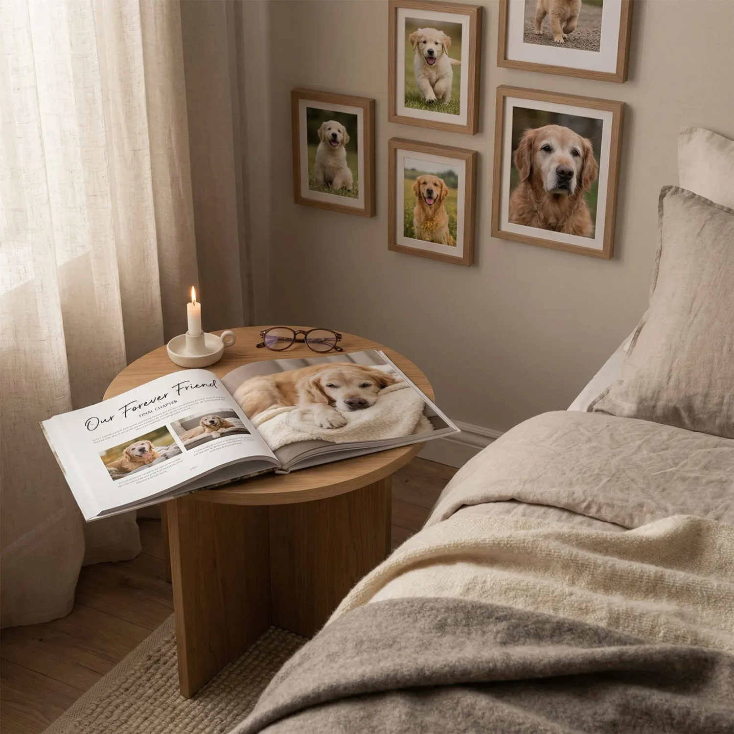 Tender final chapter pet photo book on nightstand