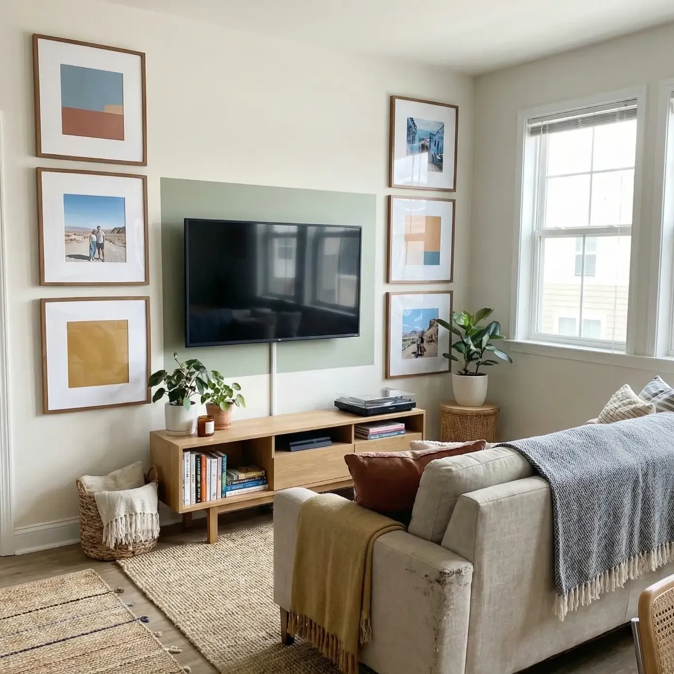 Cozy living room with wall-mounted TV and framed art.
