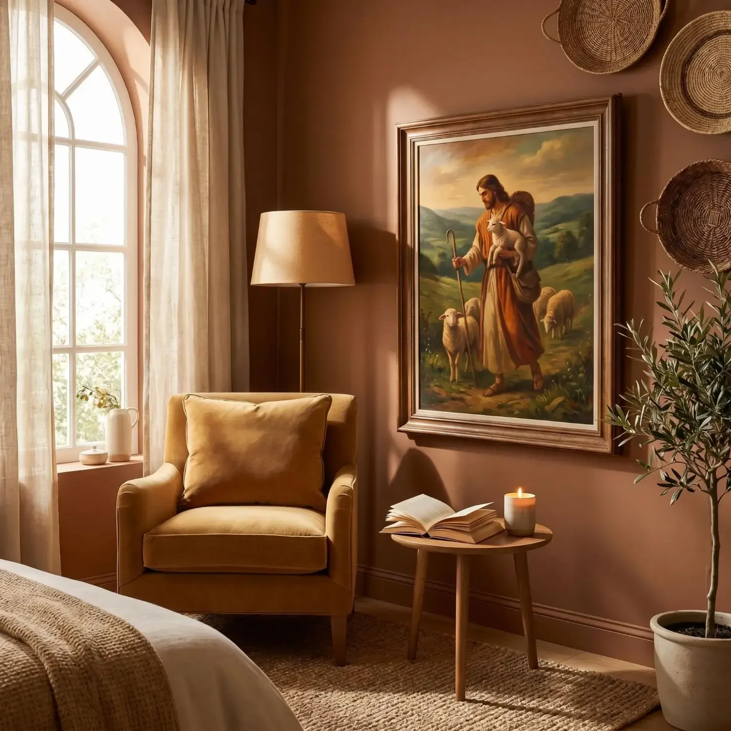 Devotional shepherd canvas above bedroom reading nook