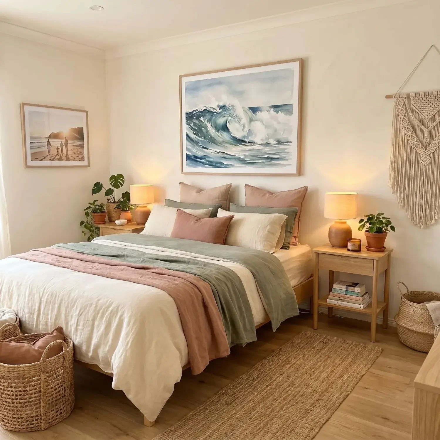 Coastal bedroom with wave framed picture above bed