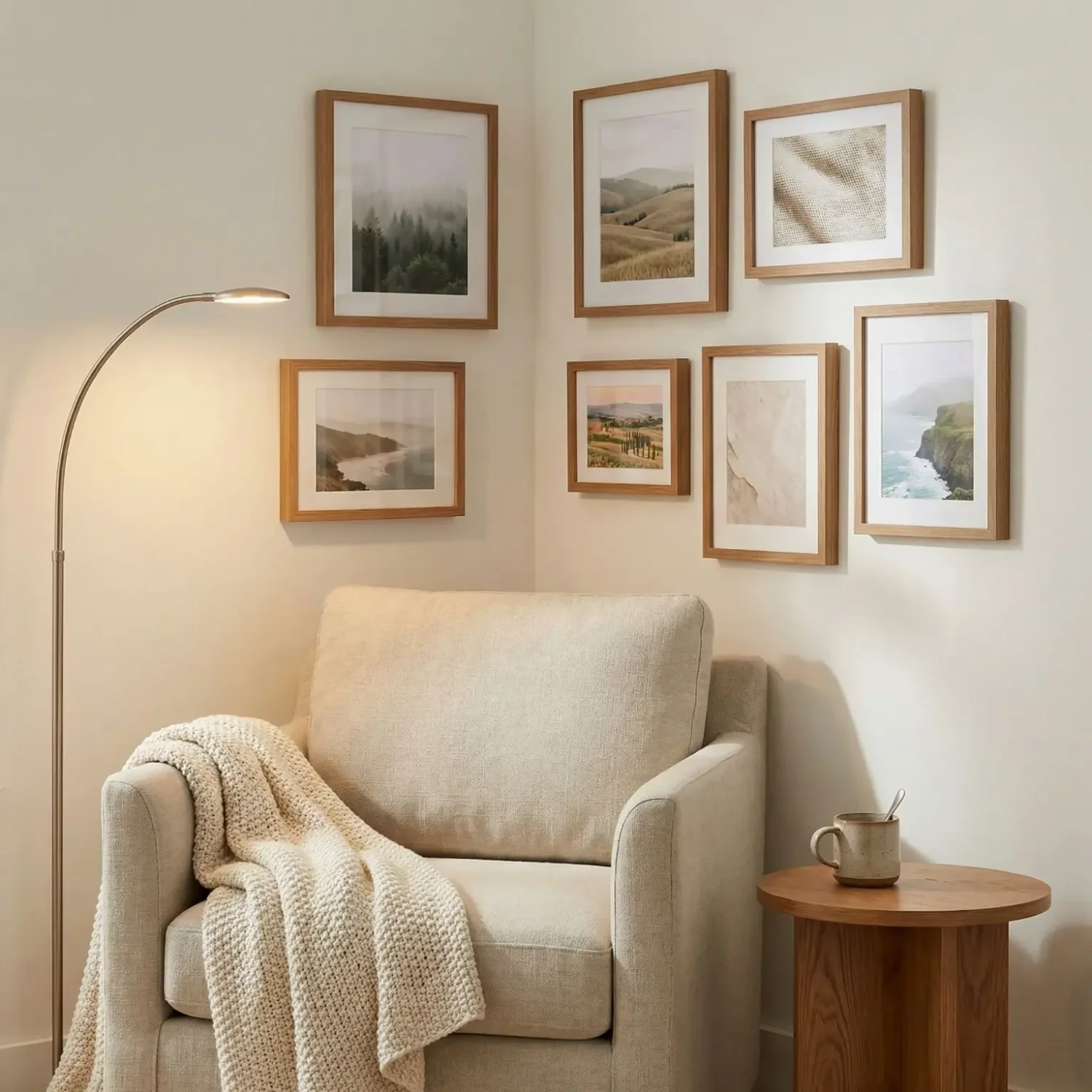 Cozy reading nook corner with framed photo cluster