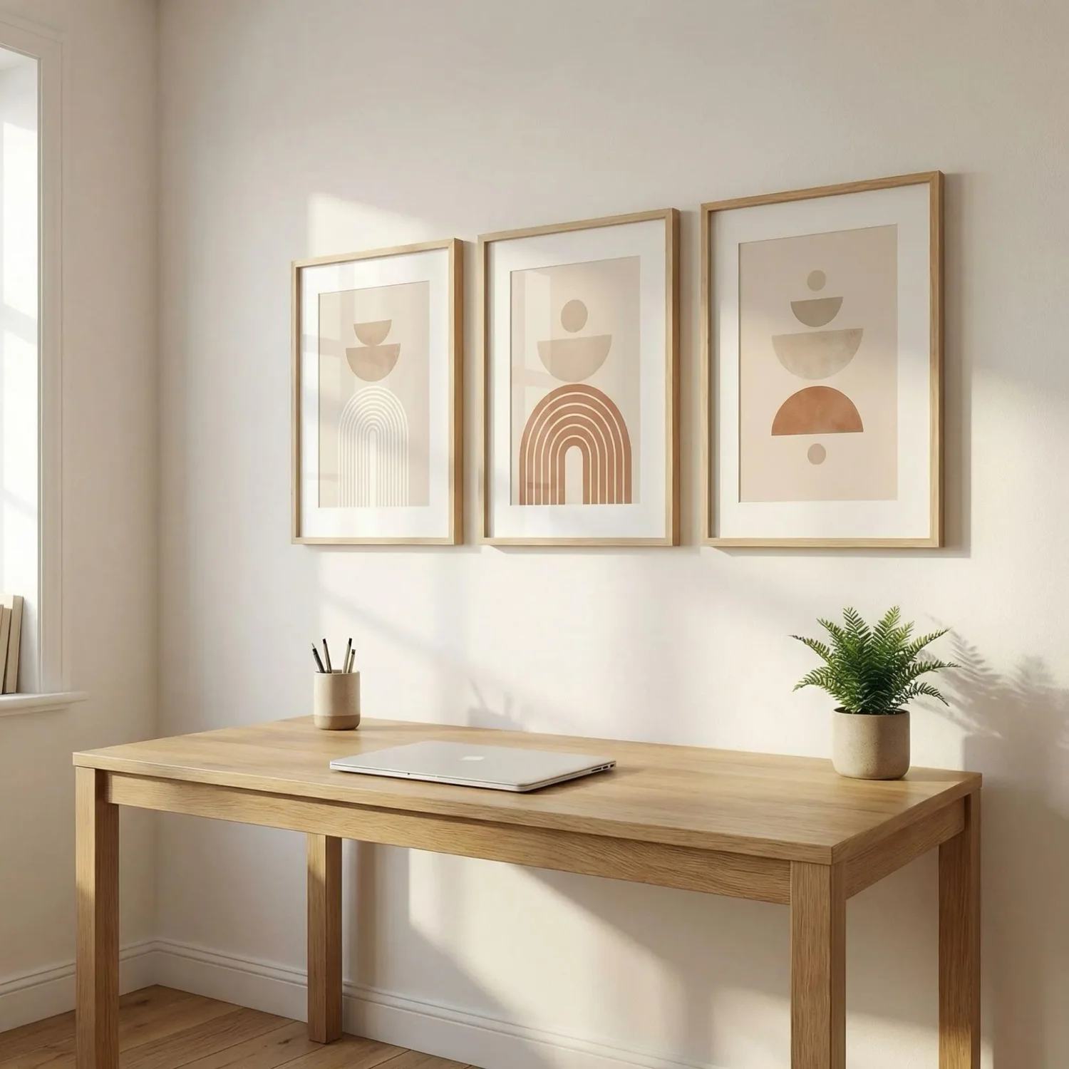 Framed art prints behind minimalist home office desk