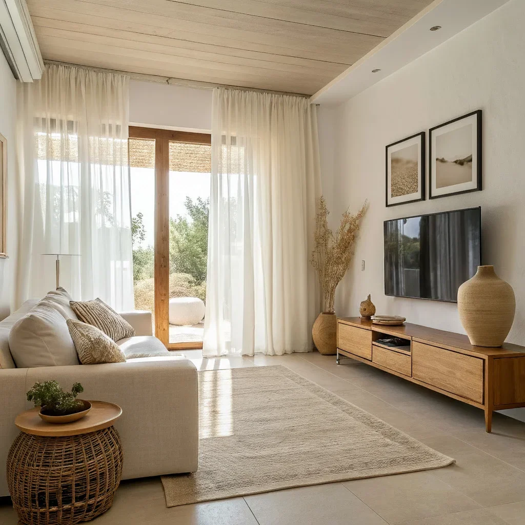 Minimalist living room with clean surfaces, a neutral palette, and intentional negative space, showing how clarity and breathing room make the space feel calm and open.