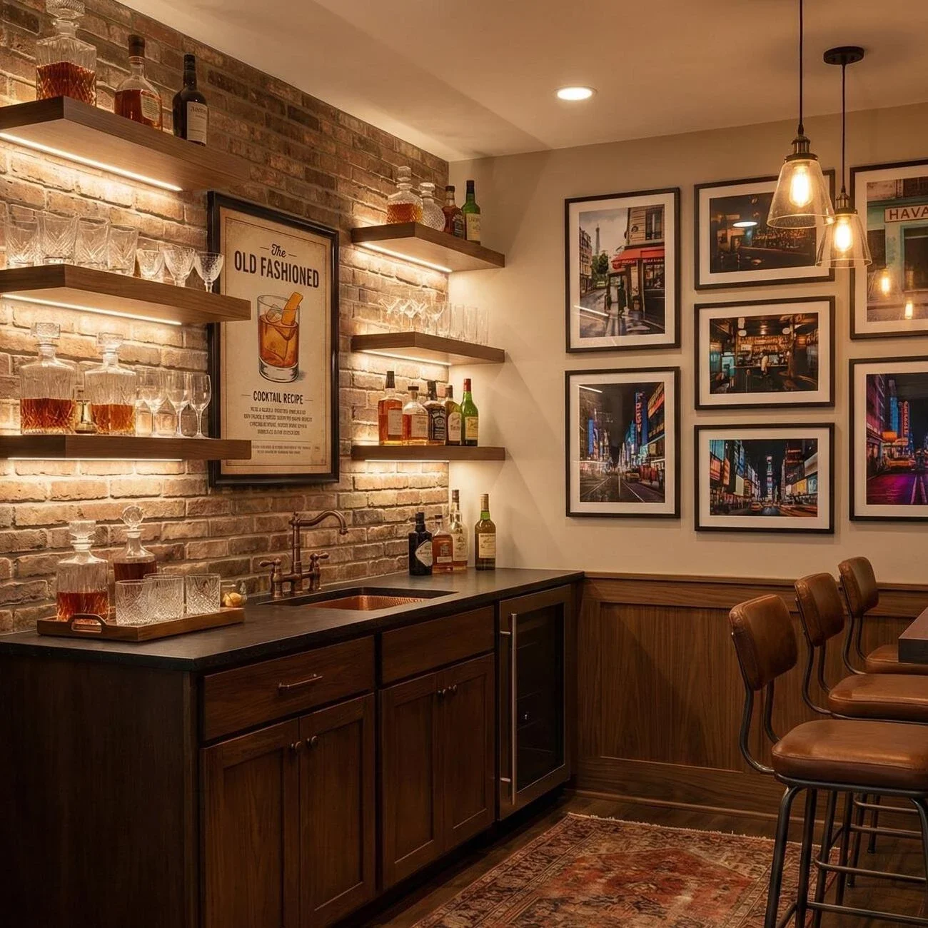 Home office with four framed family photos hanging above a desk