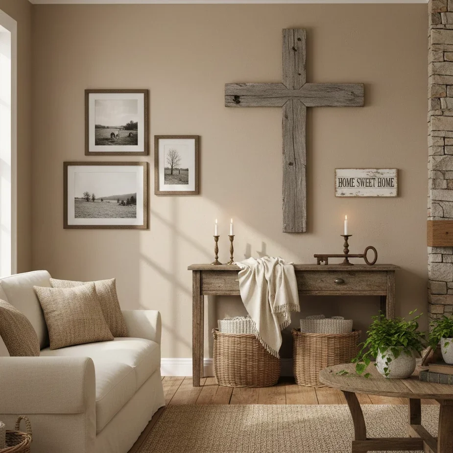 Rustic living room with wooden cross and farmhouse decor