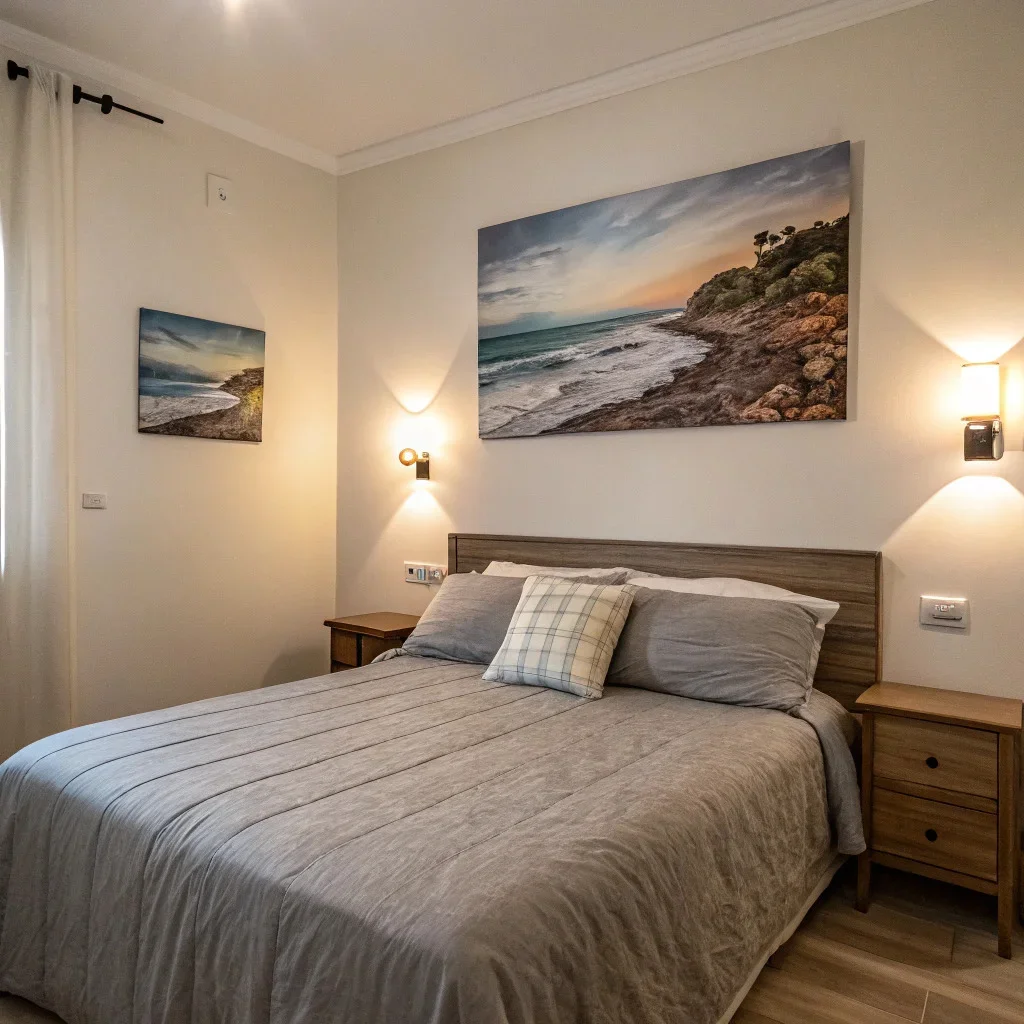 Bedroom featuring a single large canvas print above the bed, with muted bedding and wall-mounted reading lights.