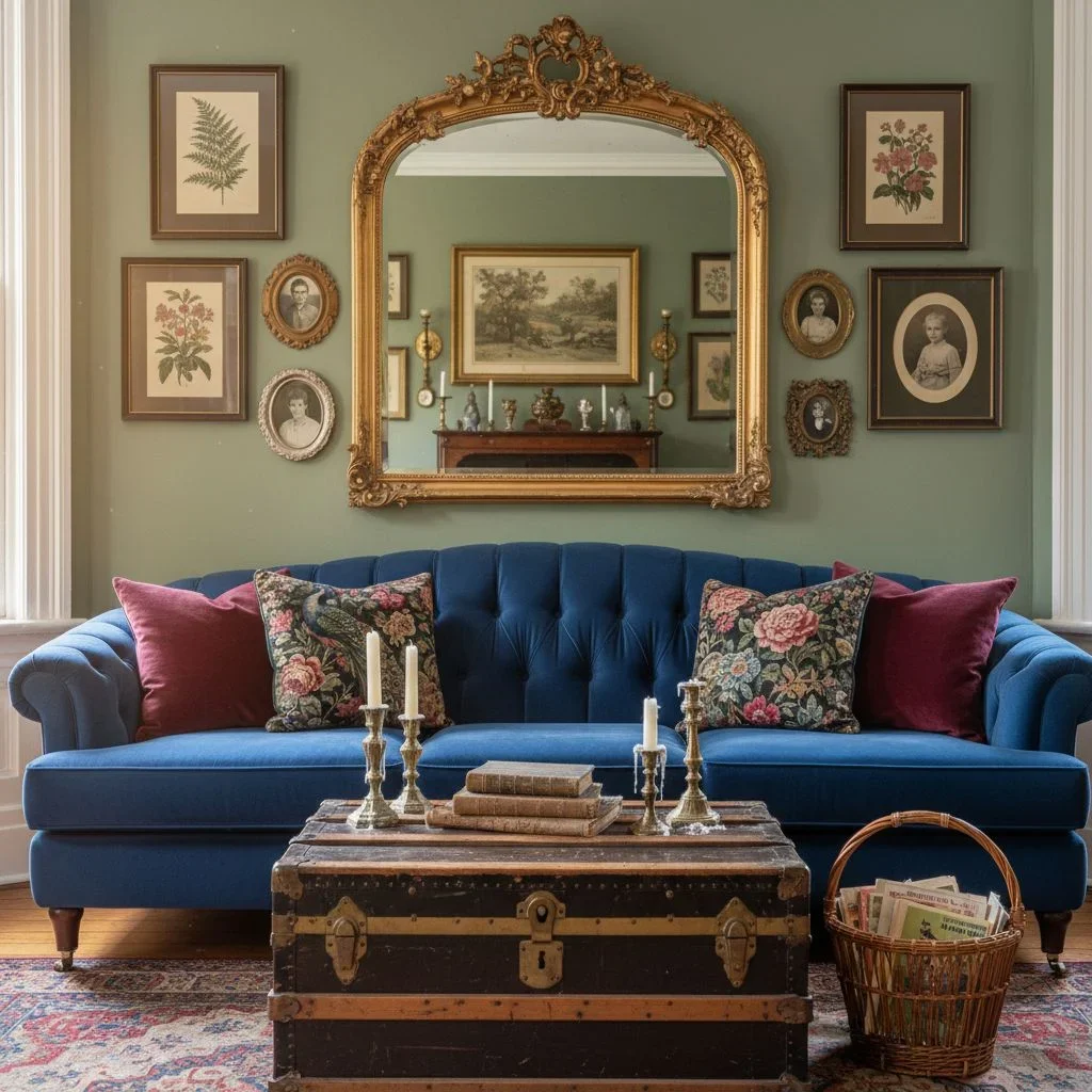Vintage living room with mirror and accents