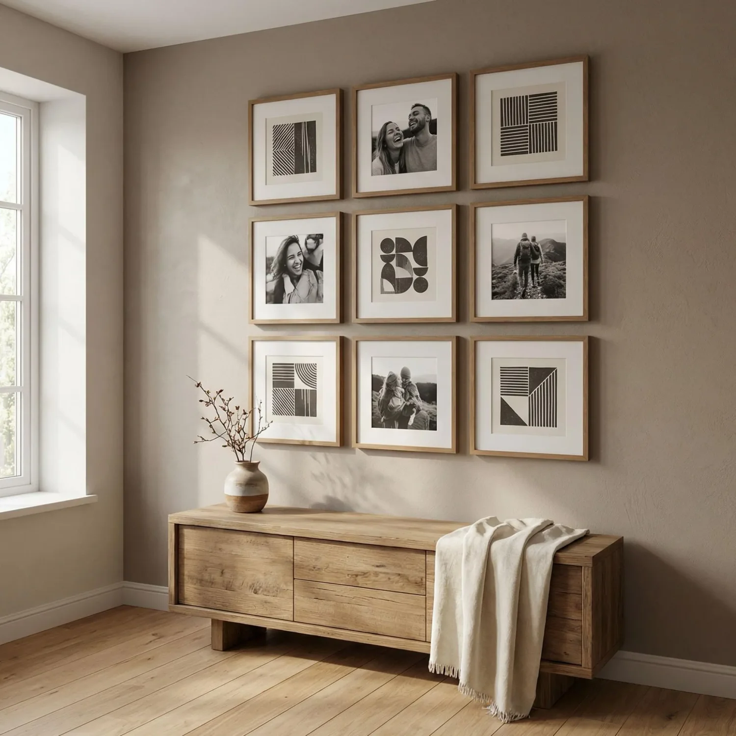 Geometric gallery wall with square framed photos