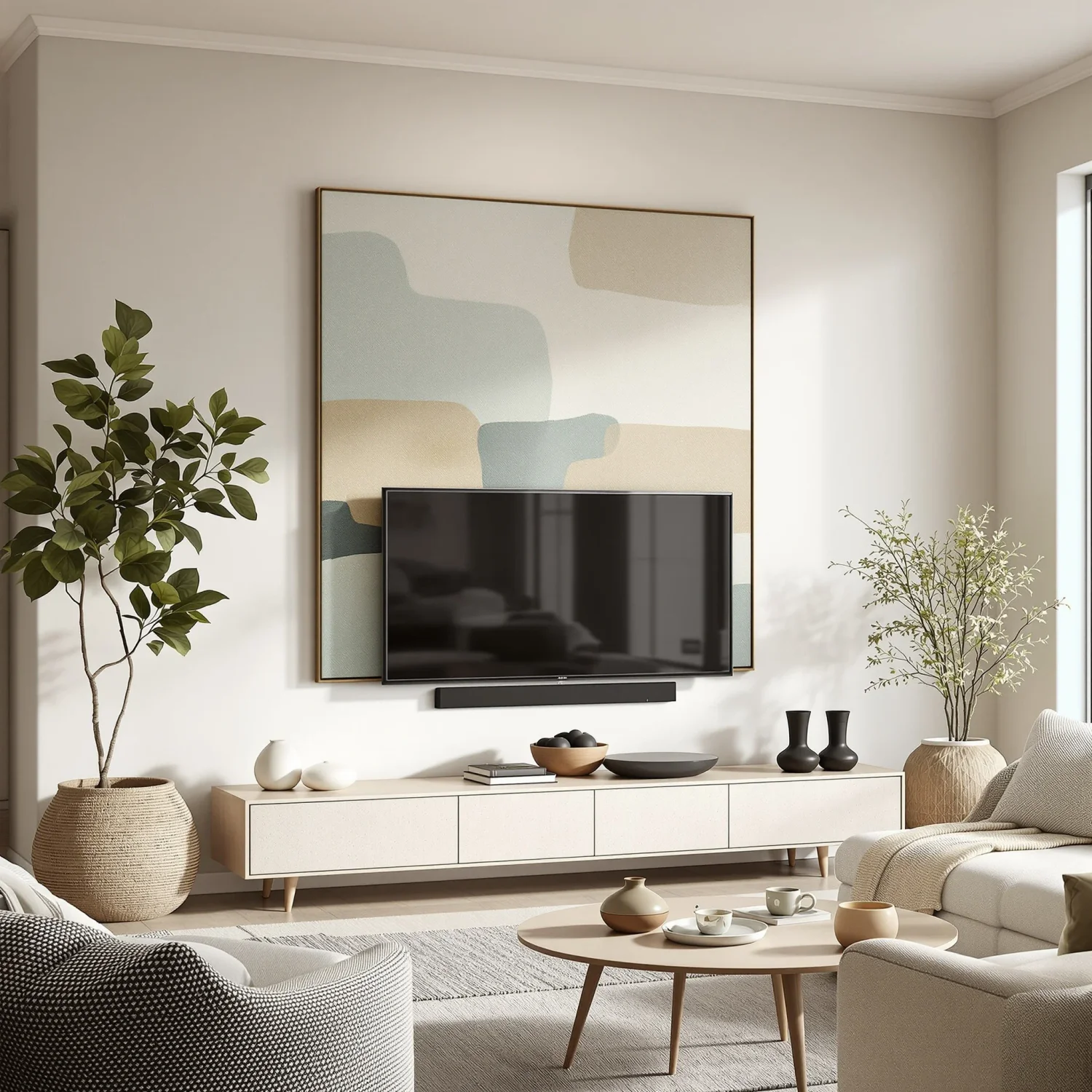 Centerpiece art behind and above TV over console