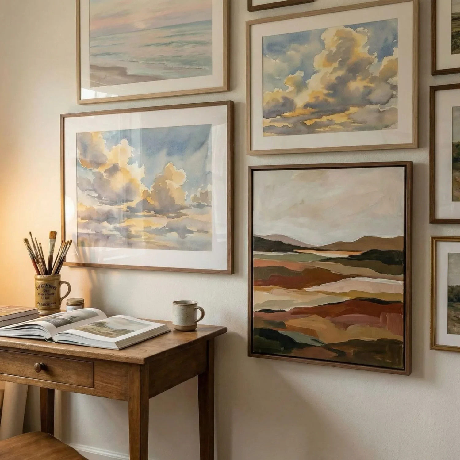 Home studio wall with framed seascape and skyscape art