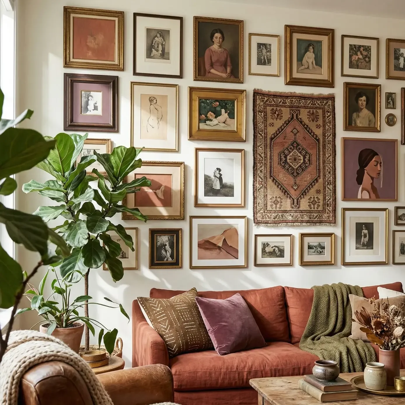 Warm living room with rust sofa and eclectic gallery wall