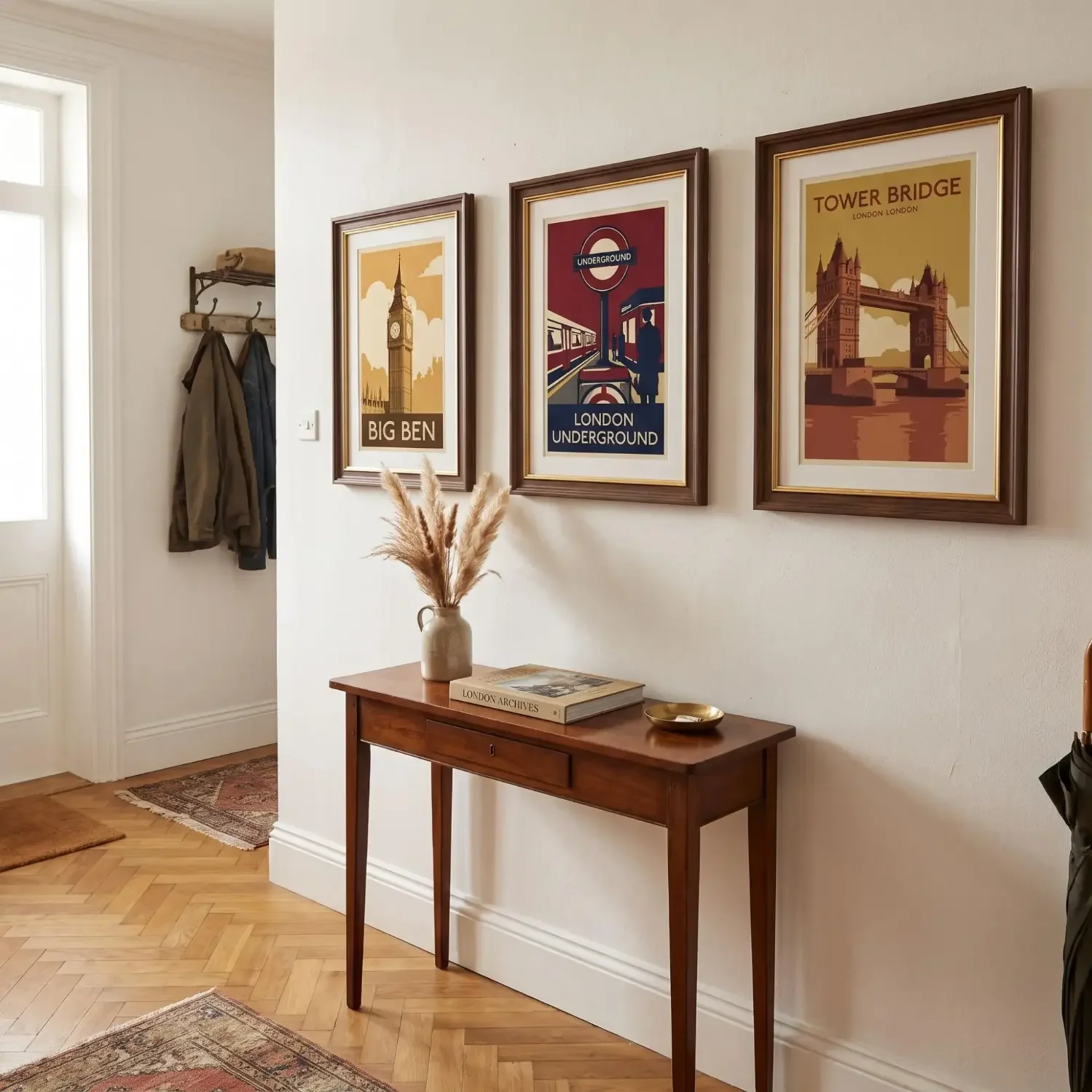 Vintage London travel posters framed in a hallway