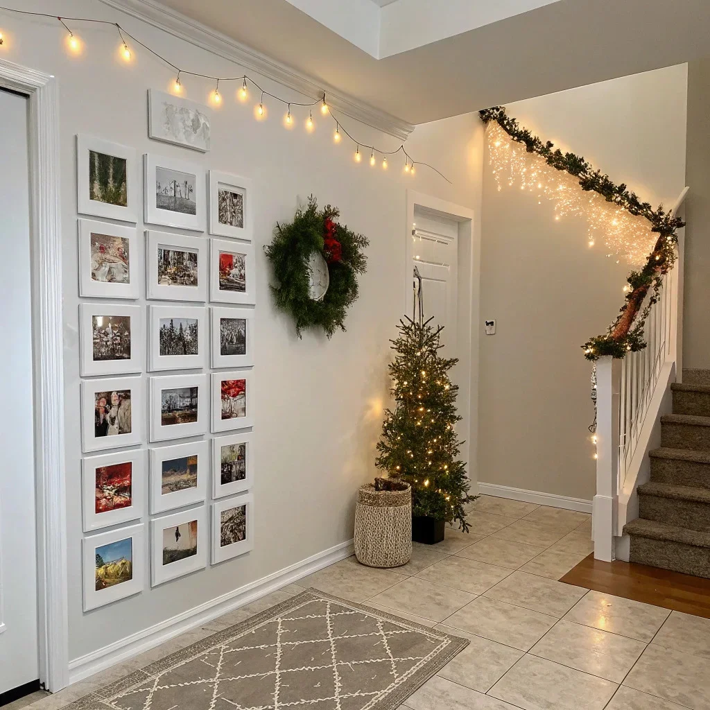 Entryway with photo tiles frames paired with Christmas-themed decorations including small wreath and warm lights.