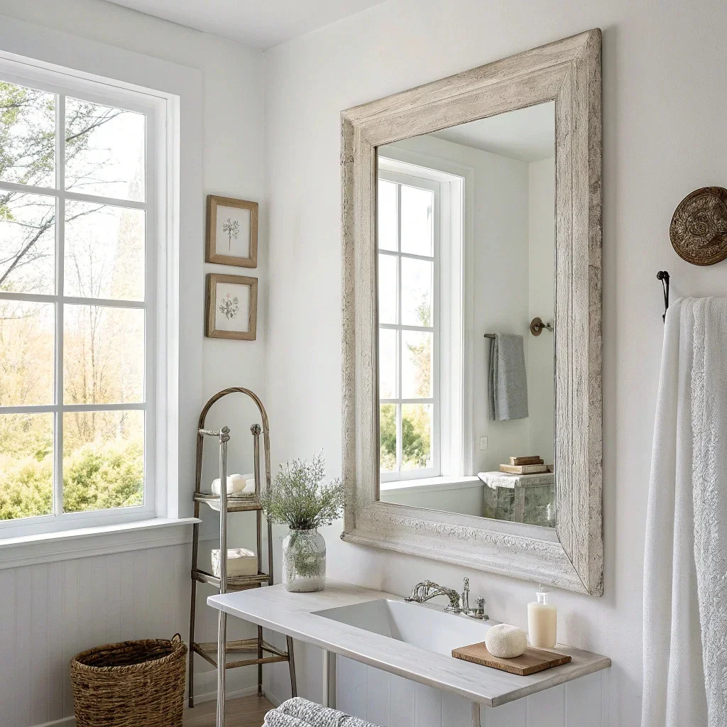 Minimalist room with a simple framed mirror opposite a window, subtly reflecting light to brighten the space without adding clutter.