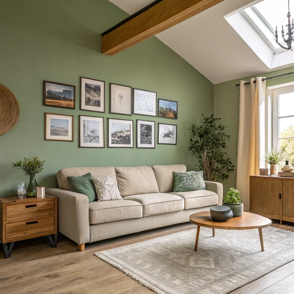 Living room featuring sage green walls, wood accents, and framed photo tiles.