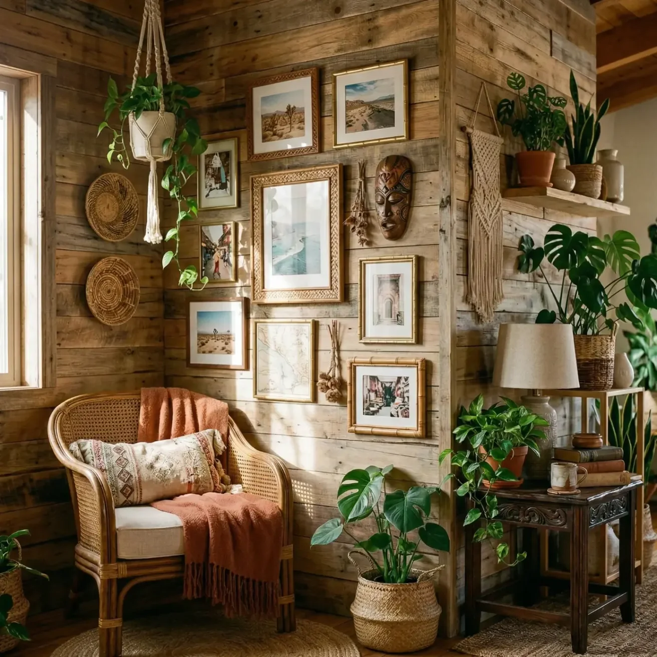 Boho reading nook with rustic wood wall, plants, and gallery art
