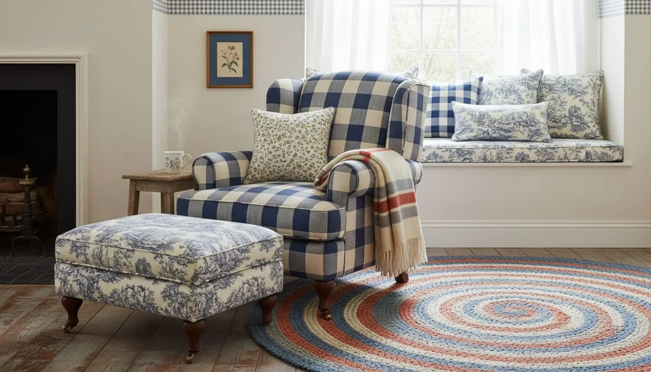 Mix of cottage patterns in cozy decor